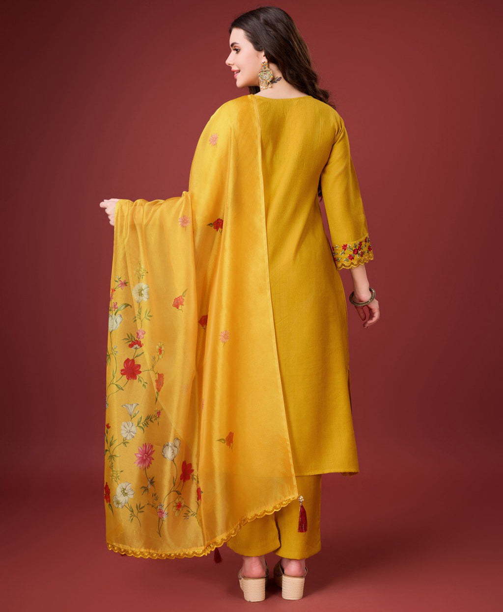 Yellow Viscose Silk Embroidered Kurta Set for Women