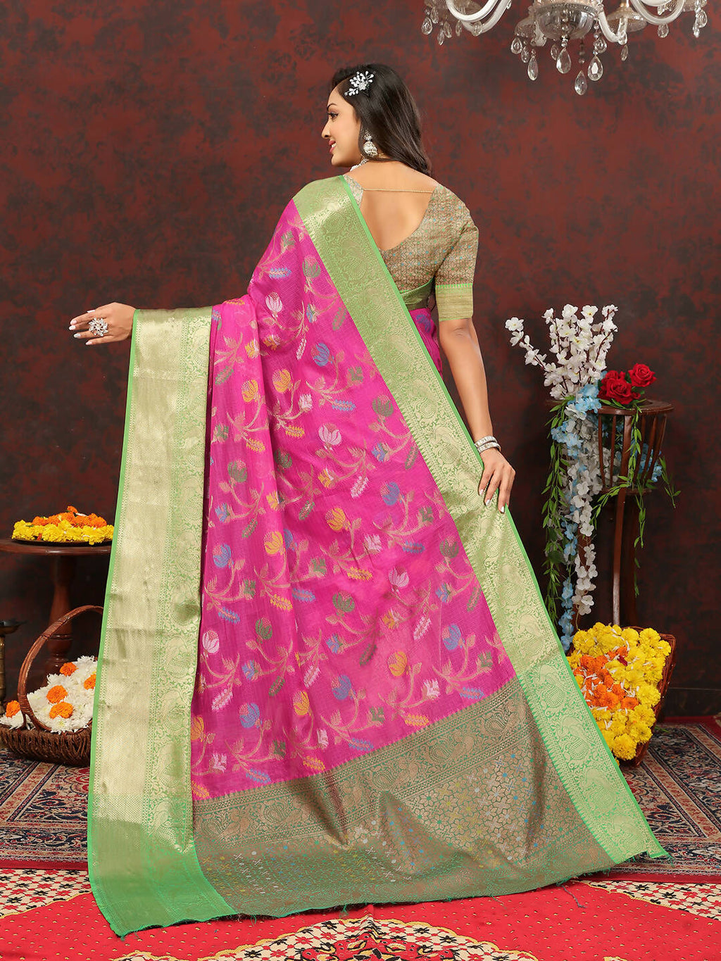 Pink Cotton Saree with Zari Meenakari Woven Design