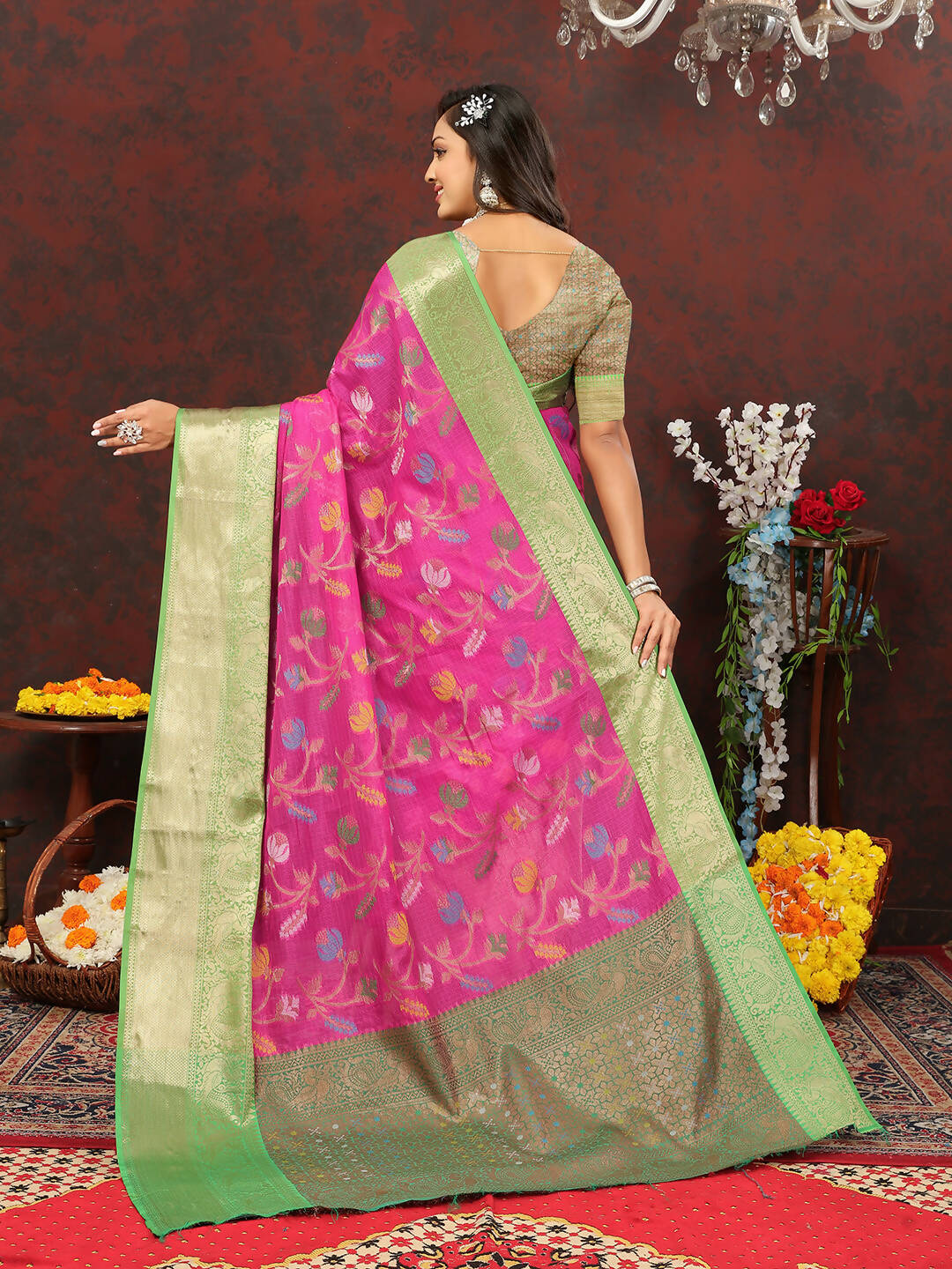 Pink Cotton Saree with Zari Meenakari Woven Design
