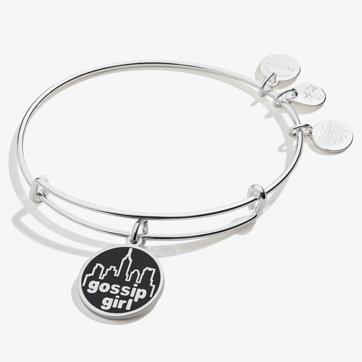 Gossip Girl branded logo charm bangle in silver and black tones