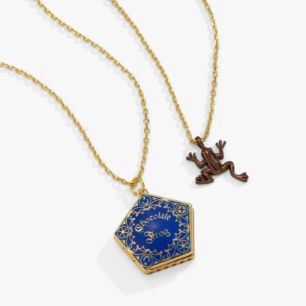 A two-piece necklace set featuring a gold-toned Chocolate Frog packaging charm and a chocolate-toned frog charm.