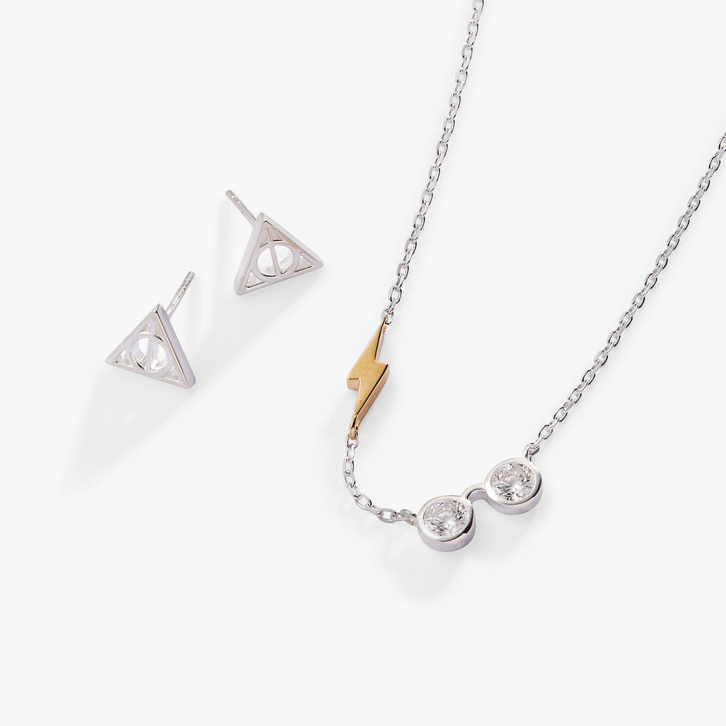 Harry Potter sterling silver necklace and Deathly Hallows earrings with cubic zirconia accents