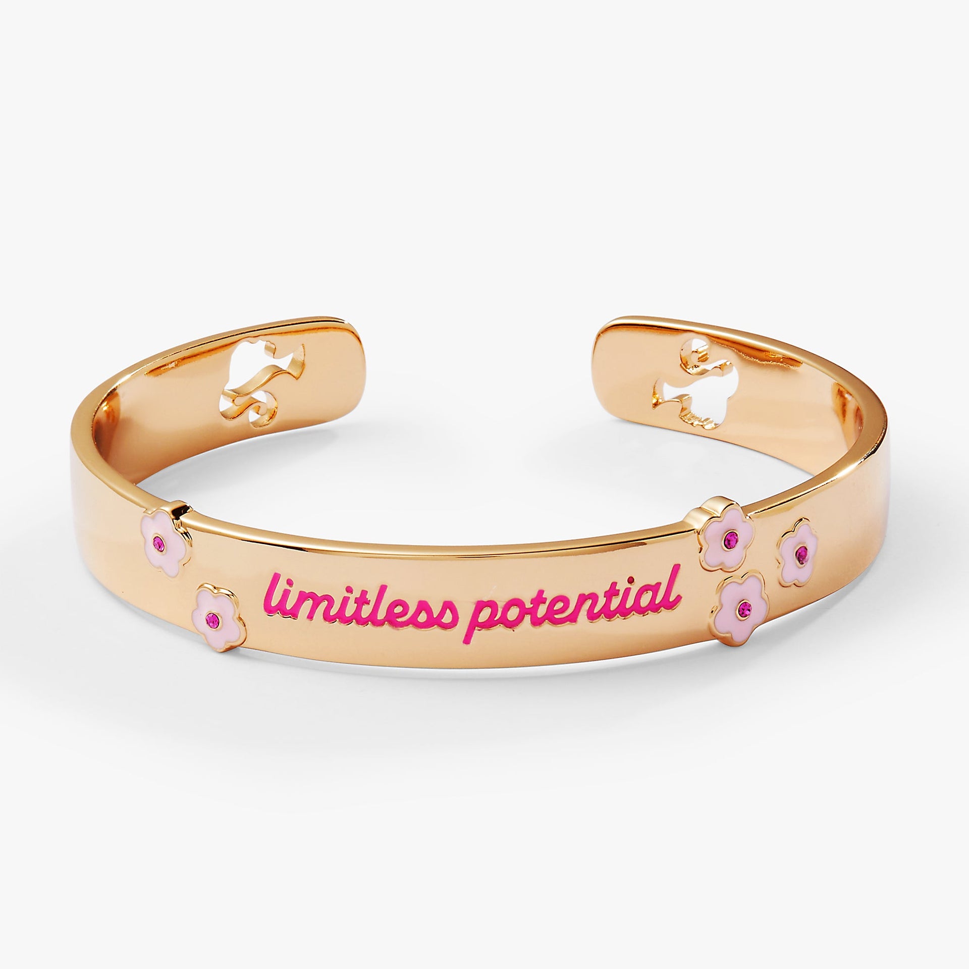 Gold and pink Barbie™ logo cuff bracelet on a neutral background