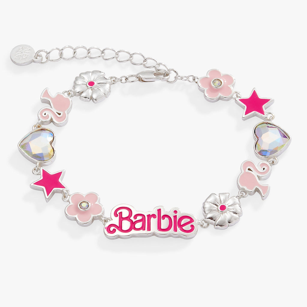 Close up of Barbie™ Charm Bracelet with iconic charms on an adjustable chain