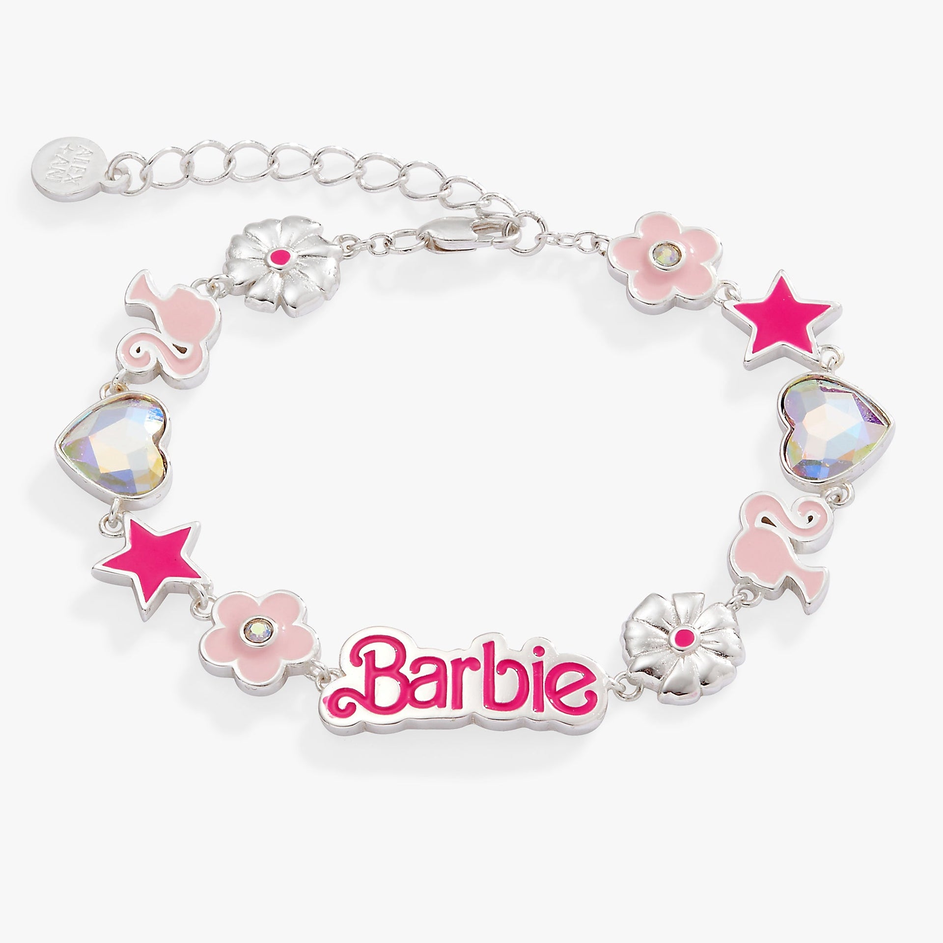 Close up of Barbie™ Charm Bracelet with iconic charms on an adjustable chain