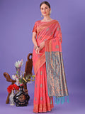 Pink linen cotton saree featuring golden zari work and a rich pallu