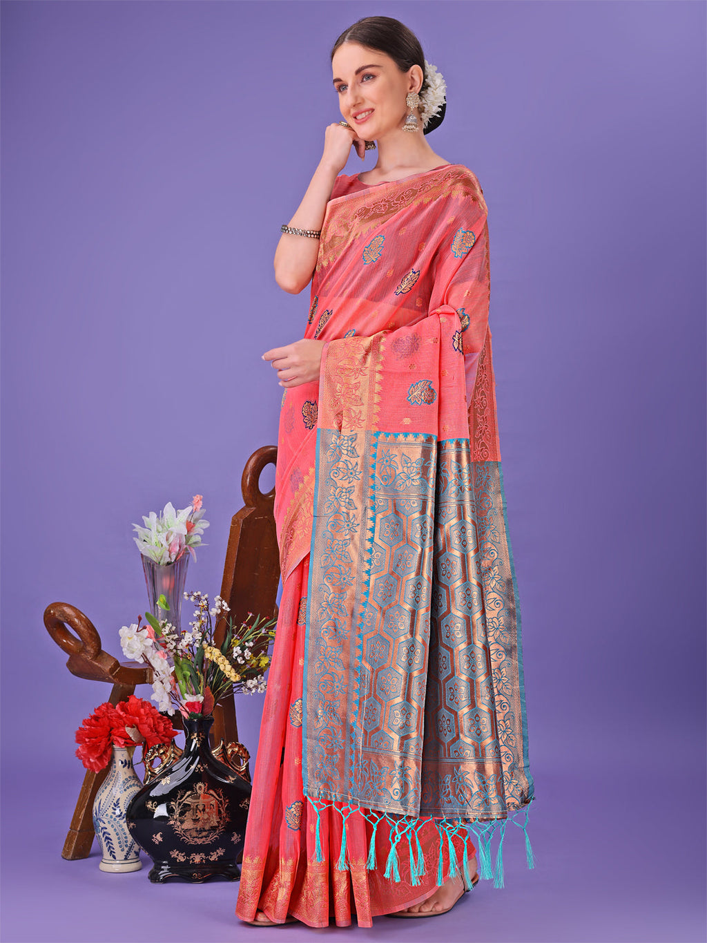 Pink Traditional Linen Cotton Saree with Rich Zari Pallu