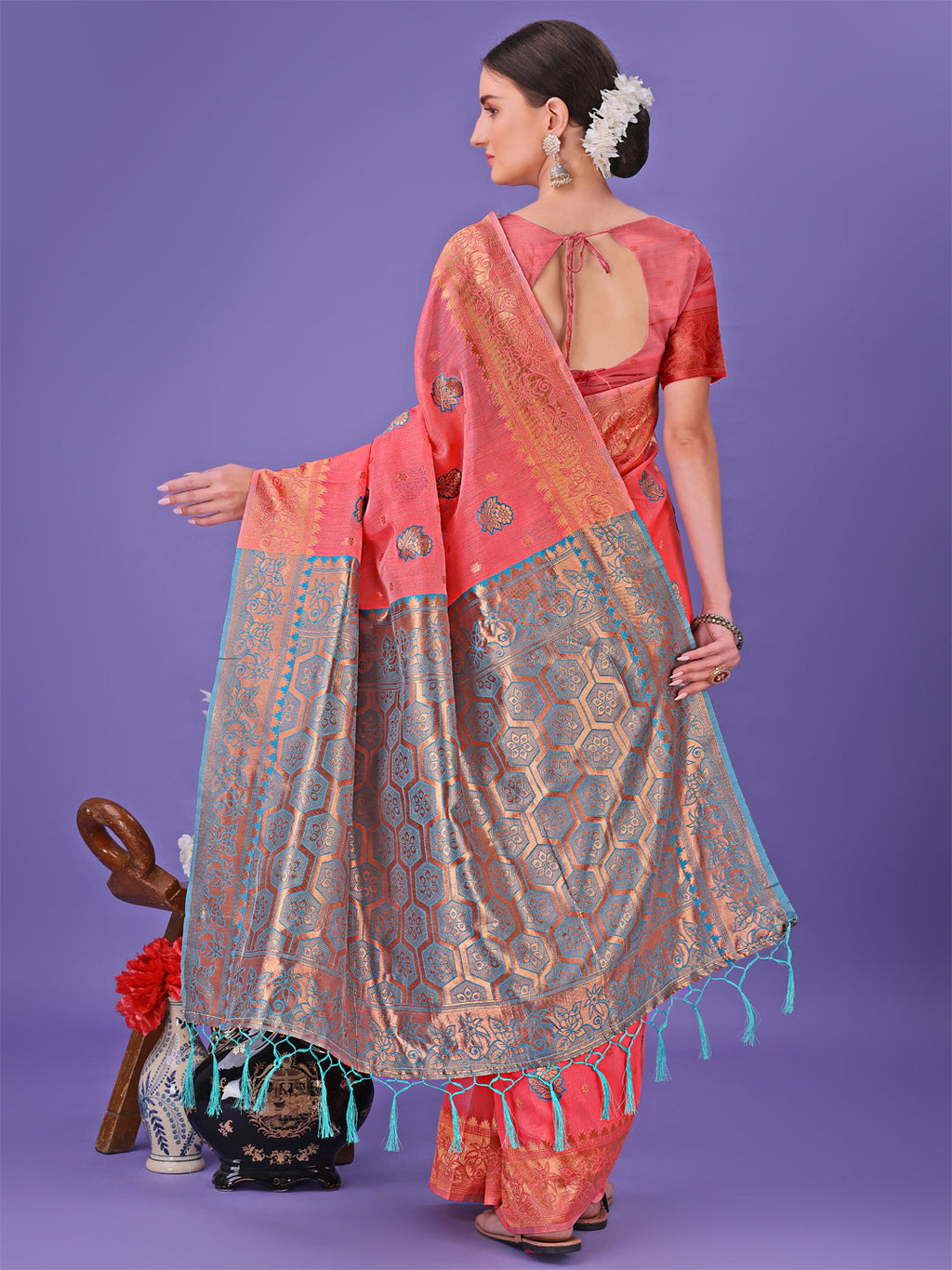 Pink Traditional Linen Cotton Saree with Rich Zari Pallu