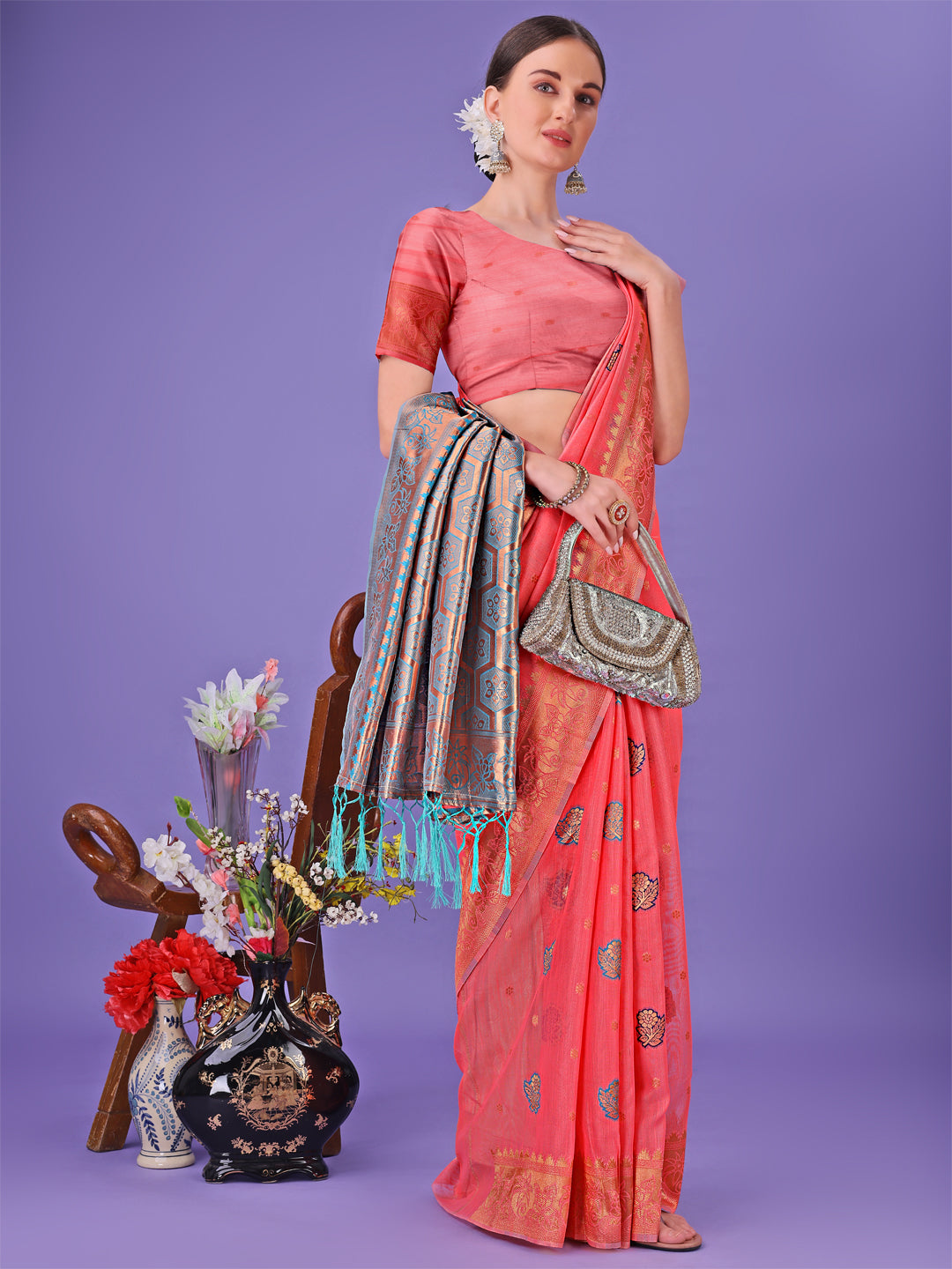 Pink Traditional Linen Cotton Saree with Rich Zari Pallu