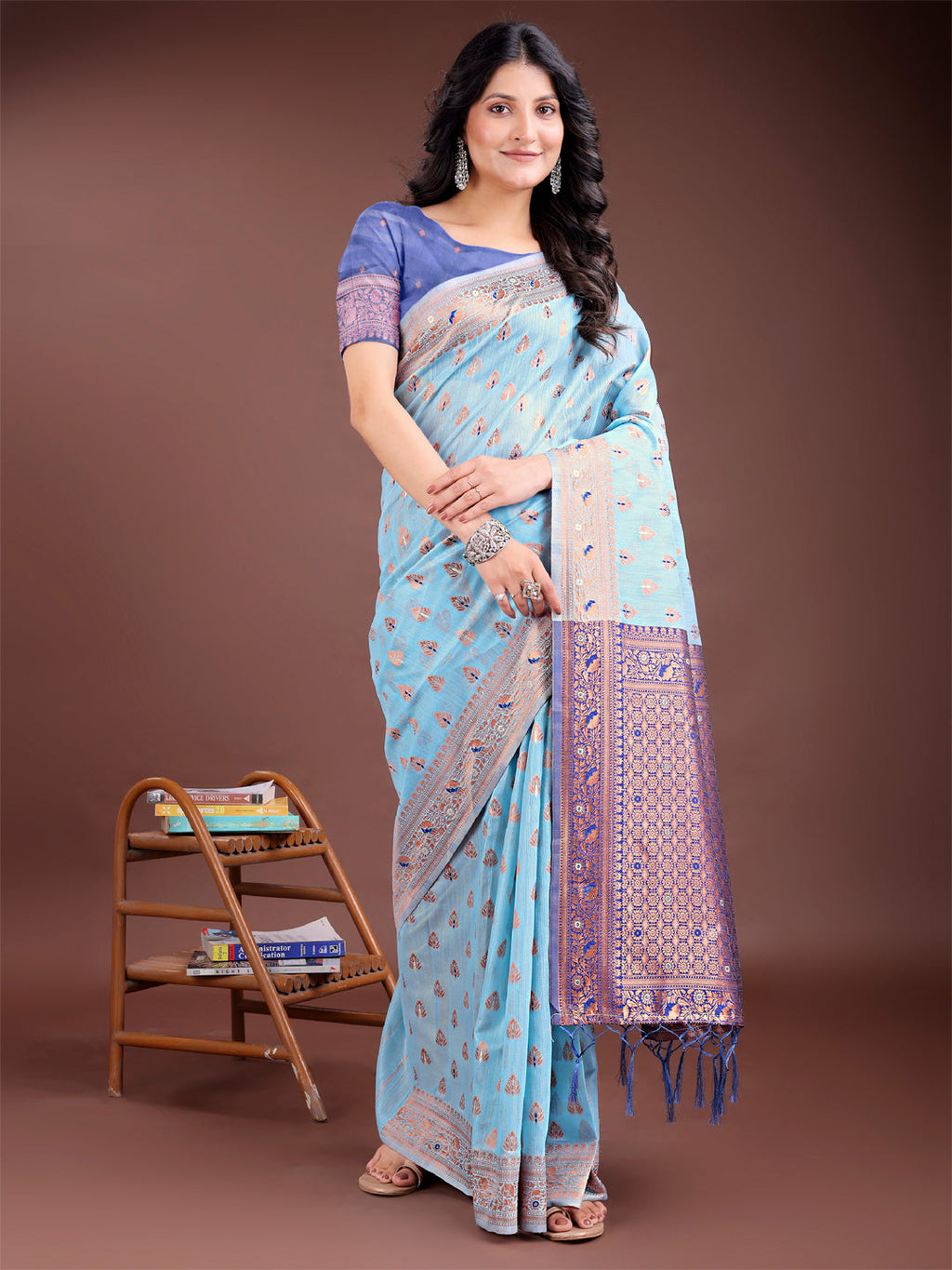 Sky Blue Cotton Saree with Contrast Pallu and Buta Work