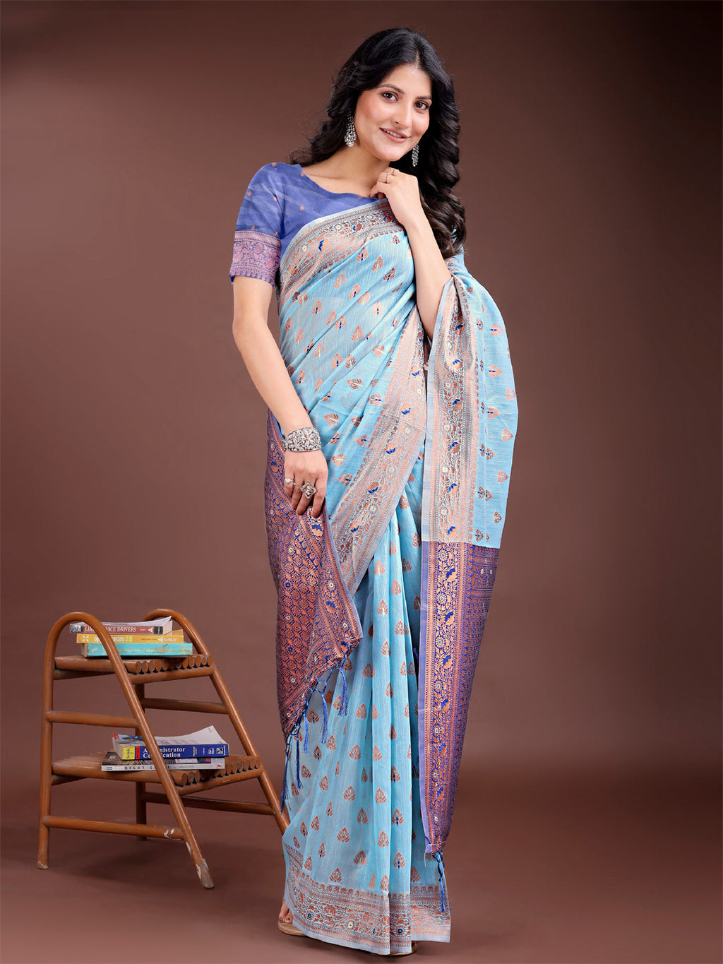 Sky Blue Cotton Saree with Contrast Pallu and Buta Work