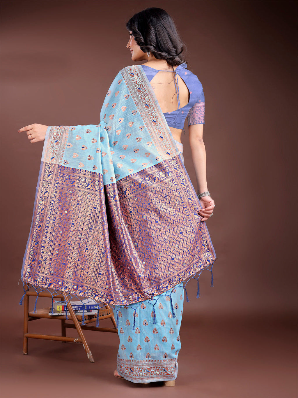 Sky Blue Cotton Saree with Contrast Pallu and Buta Work
