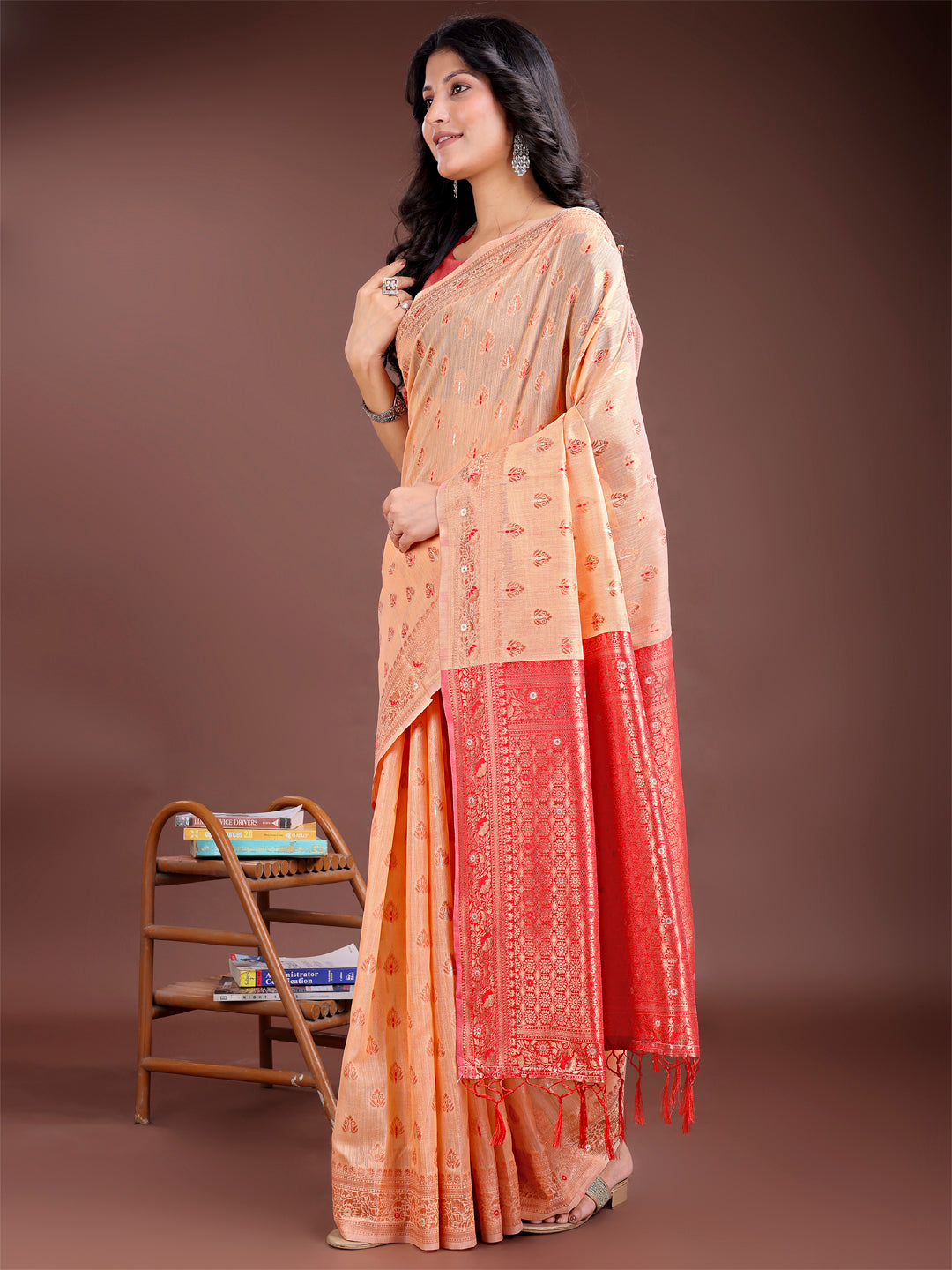 Orange Cotton Saree with Contrast Pallu and Subtle Buta Work