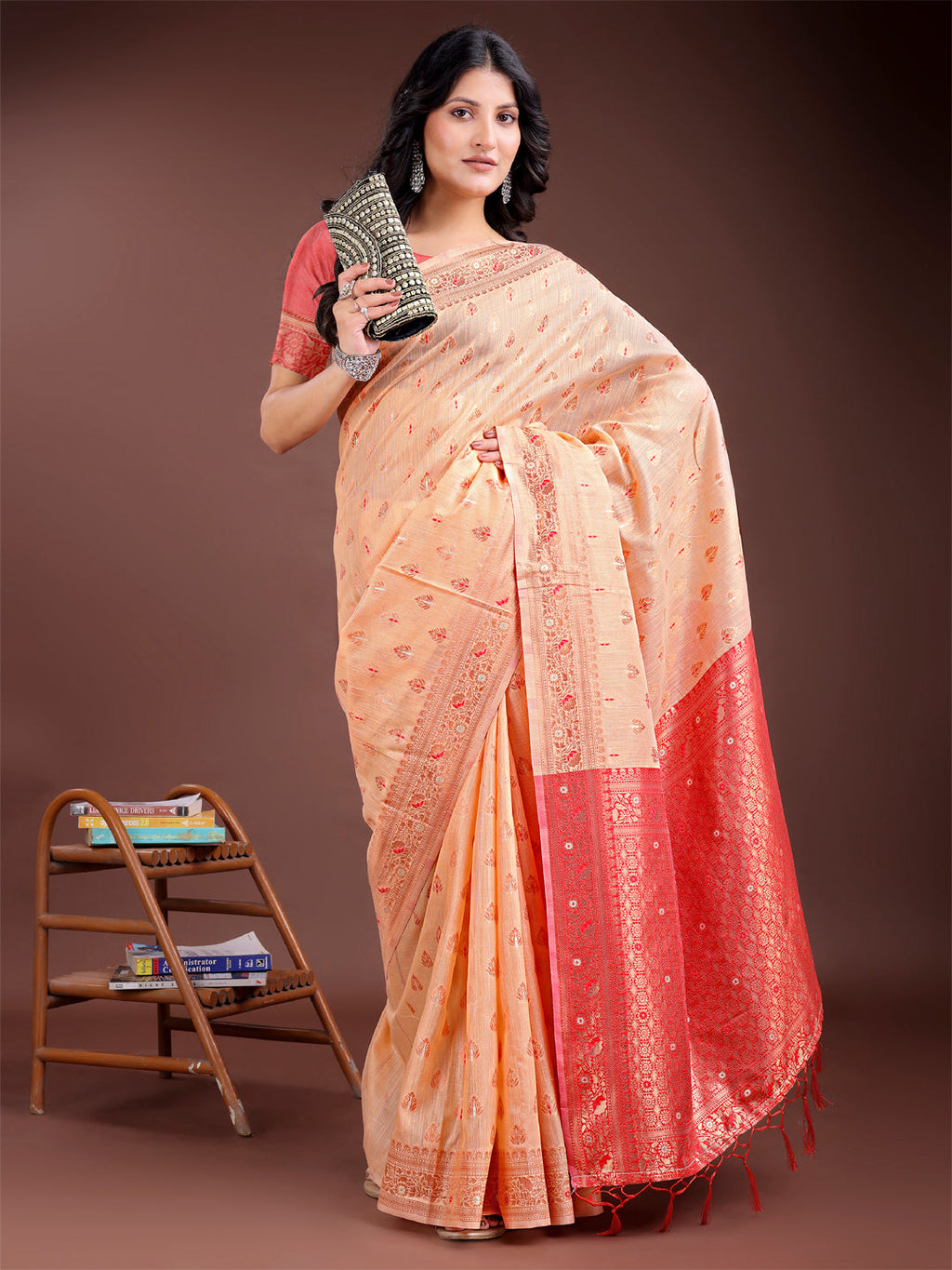 Orange Cotton Saree with Contrast Pallu and Subtle Buta Work