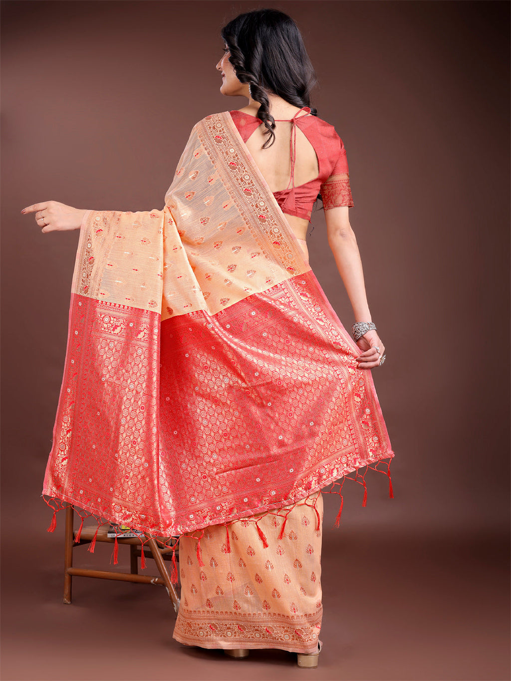 Orange Cotton Saree with Contrast Pallu and Subtle Buta Work