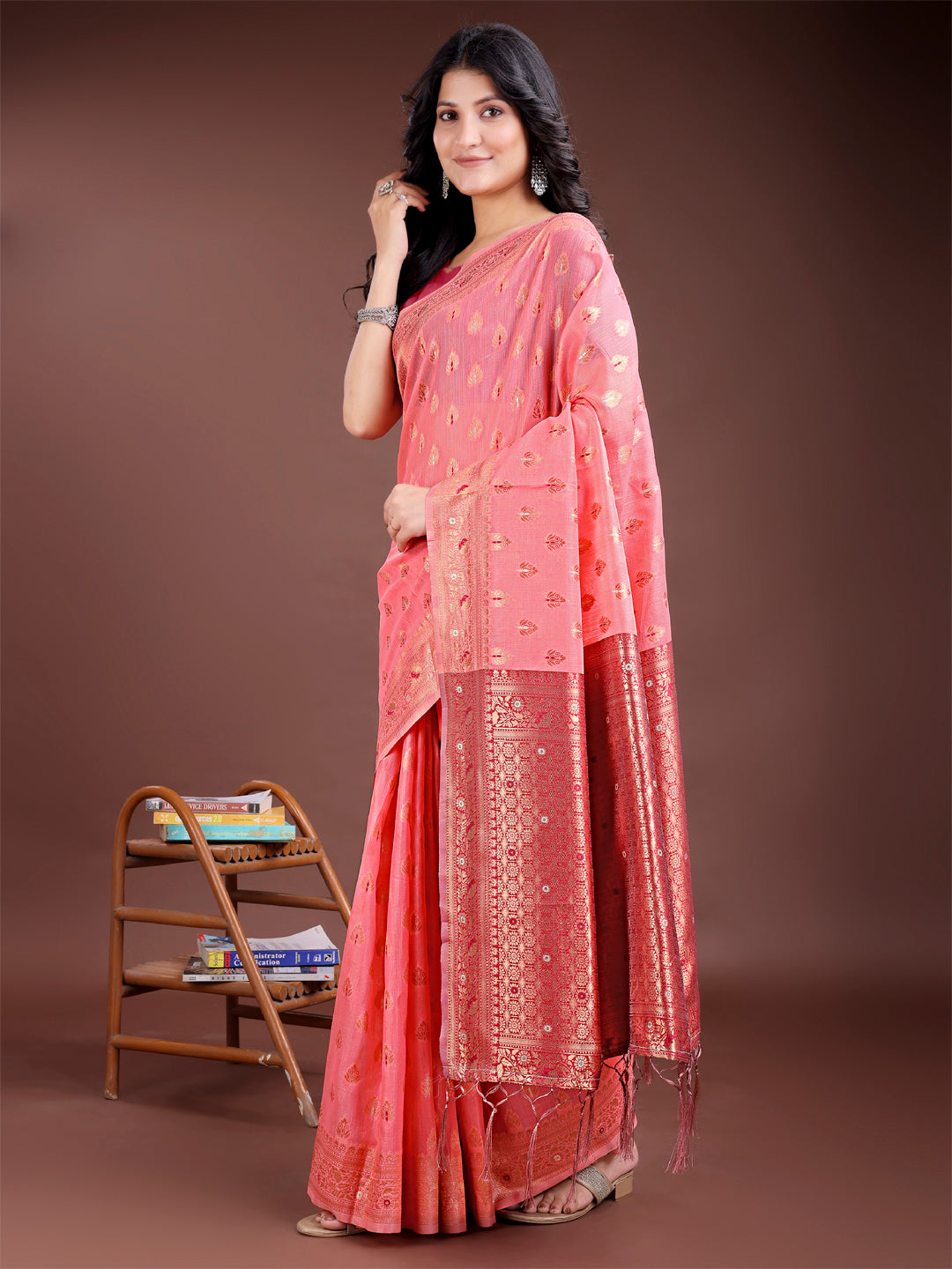 Peach Cotton Saree with Contrast Pallu and Subtle Buta Work