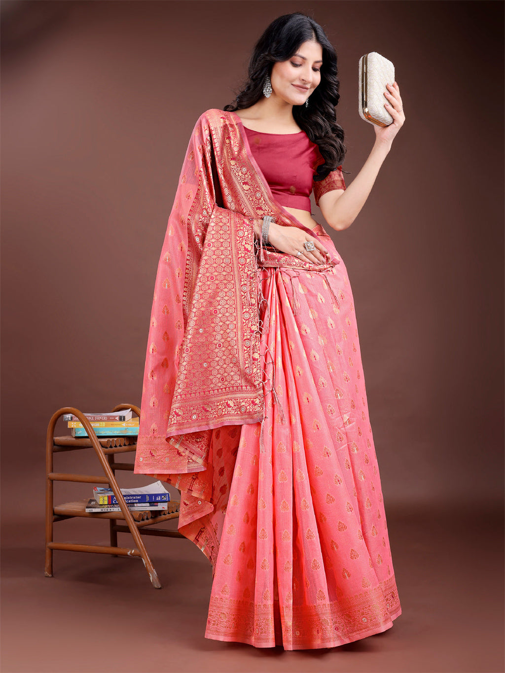 Peach Cotton Saree with Contrast Pallu and Subtle Buta Work