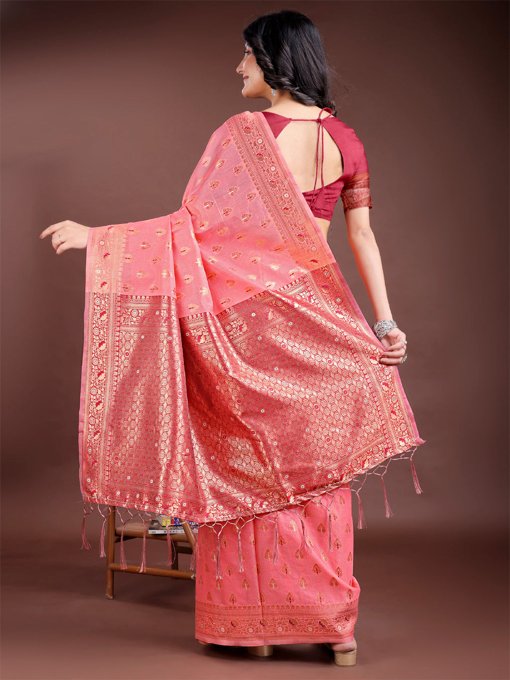 Peach Cotton Saree with Contrast Pallu and Subtle Buta Work
