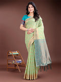 Elegant light green cotton saree with buta work and a contrasting royal hue pallu.