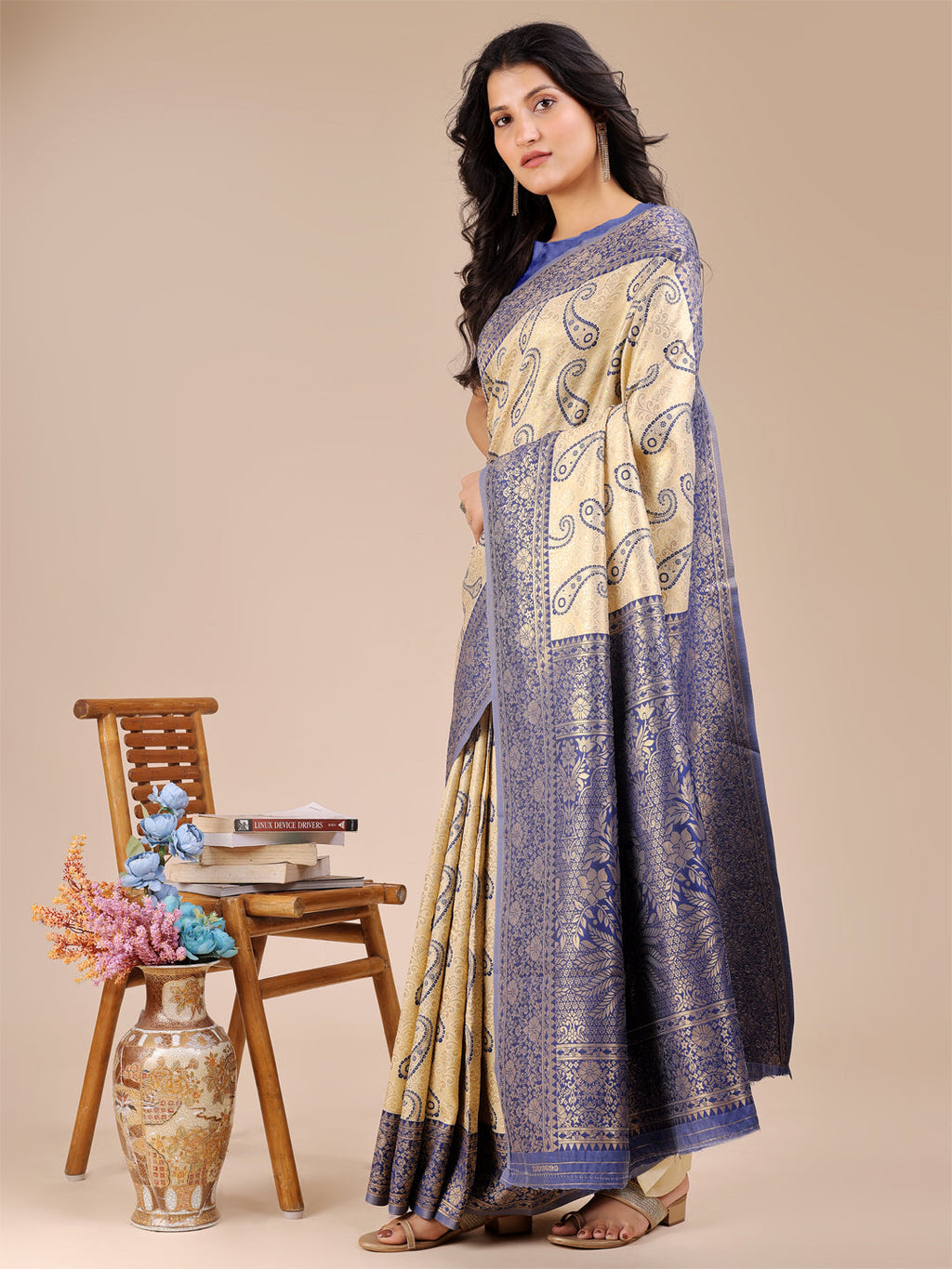 Cream & Navy Blue Banarasi Silk Saree with Zari Tassel Detail
