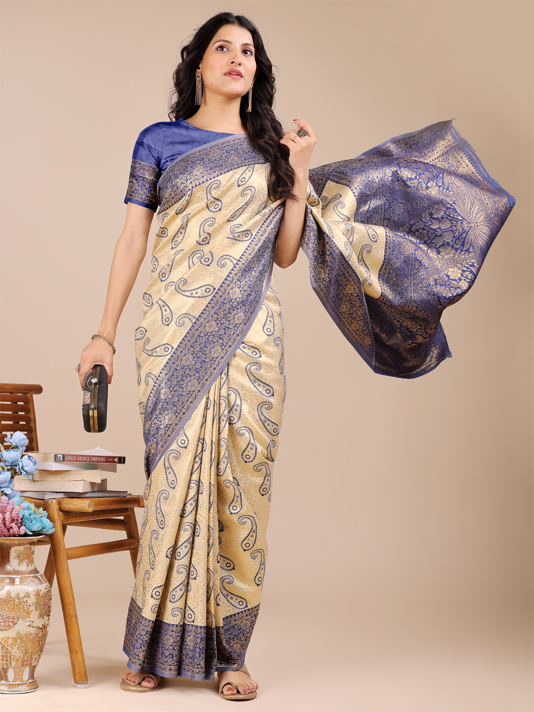 Cream & Navy Blue Banarasi Silk Saree with Zari Tassel Detail