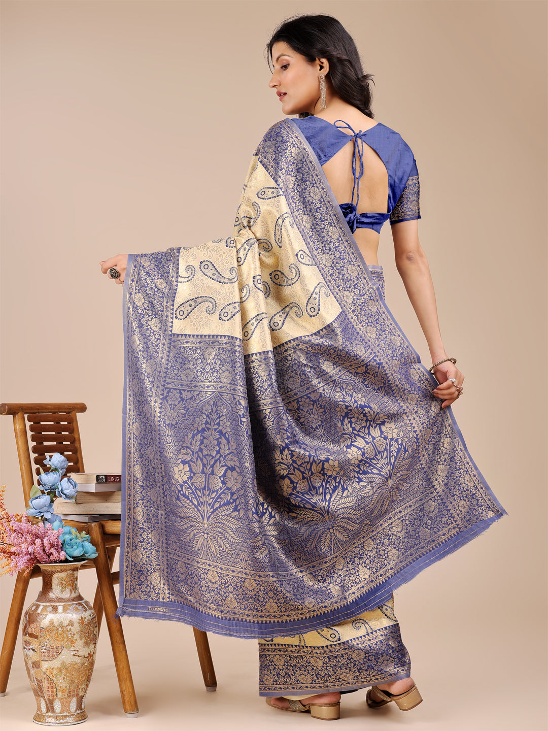 Cream & Navy Blue Banarasi Silk Saree with Zari Tassel Detail