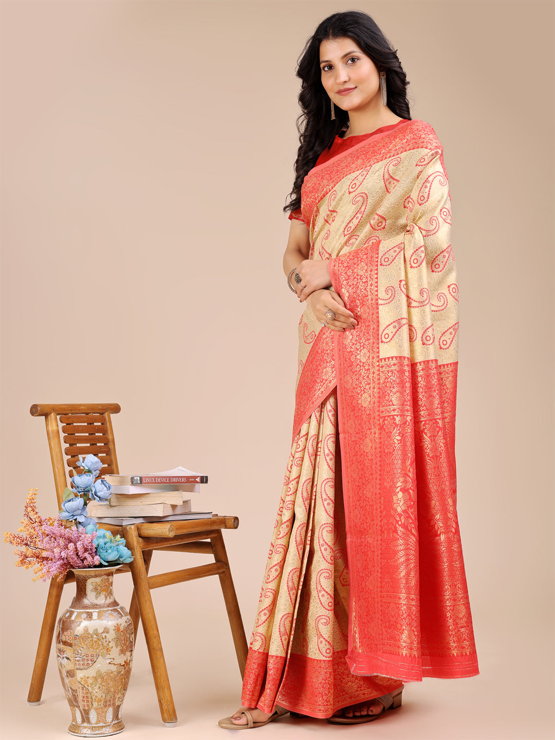 Cream and Red Banarasi Silk Saree with Woven Zari and Tassels