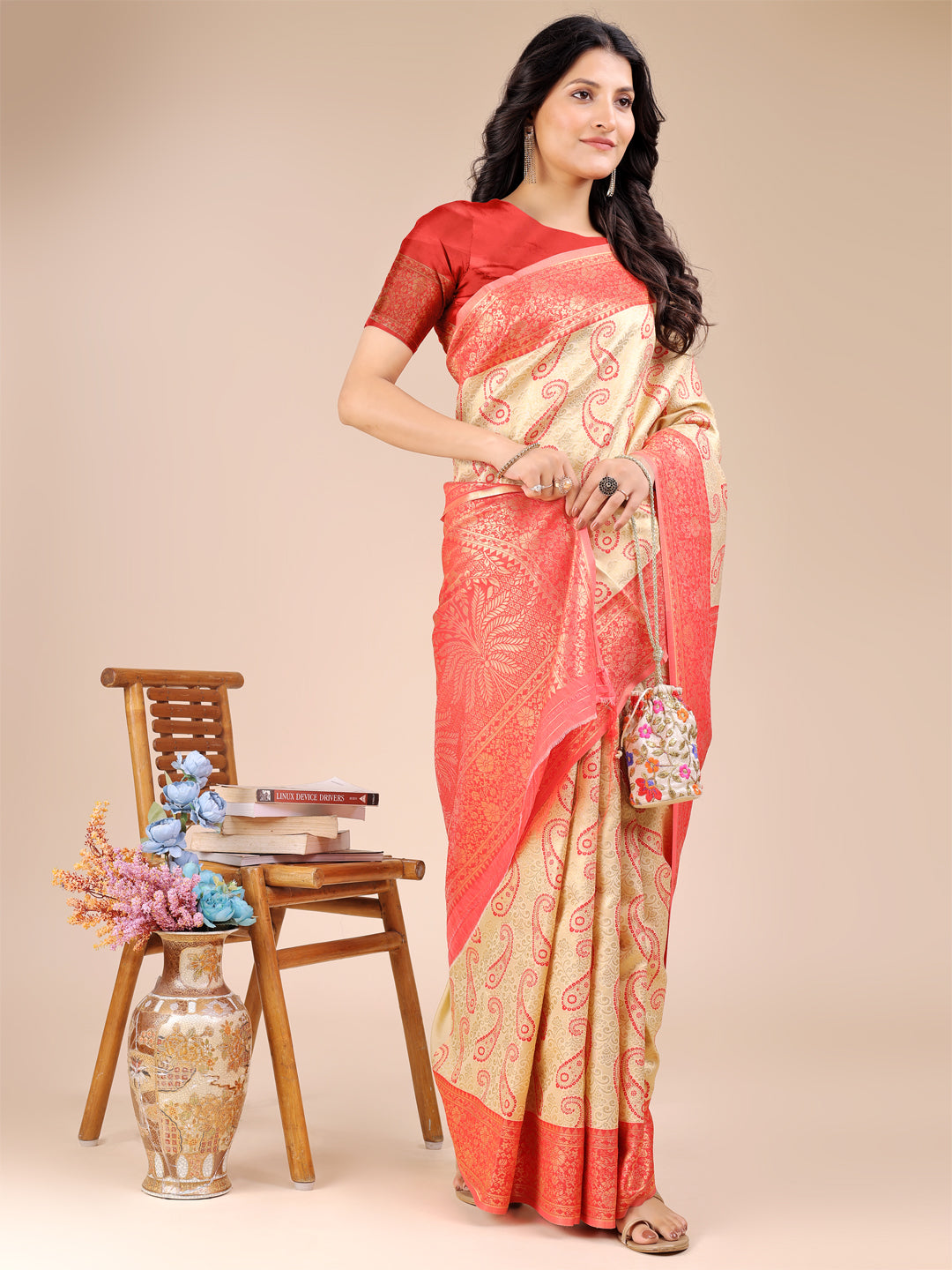 Cream and Red Banarasi Silk Saree with Woven Zari and Tassels