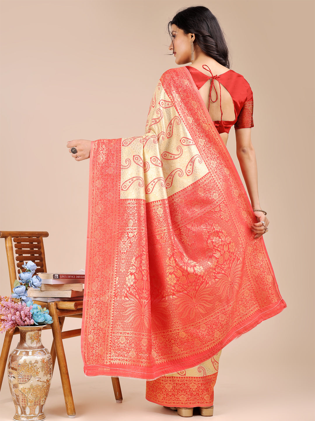 Cream and Red Banarasi Silk Saree with Woven Zari and Tassels
