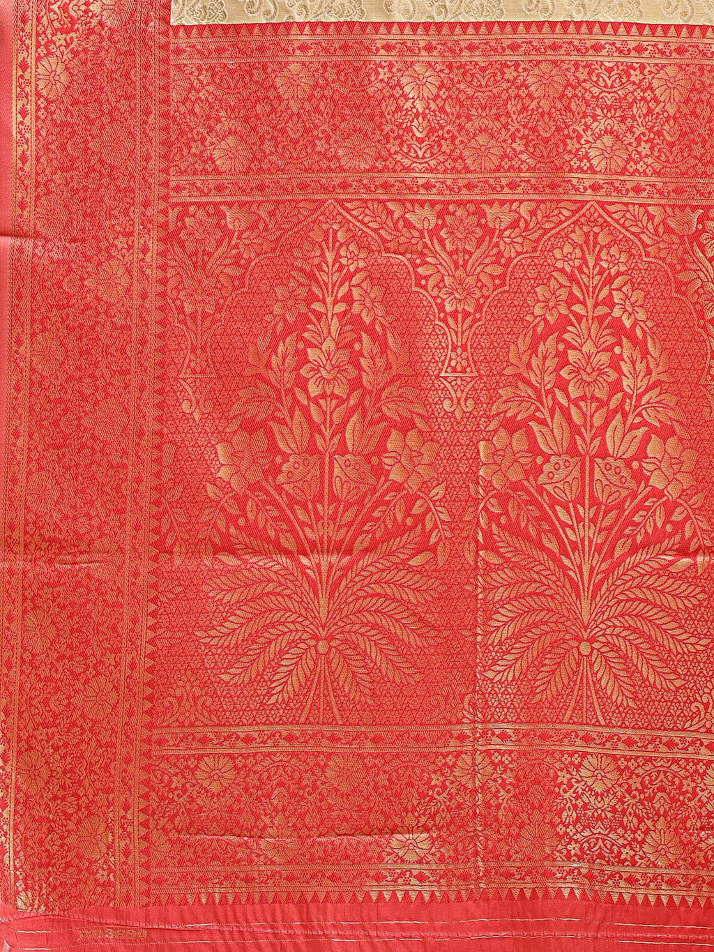 Cream and Red Banarasi Silk Saree with Woven Zari and Tassels