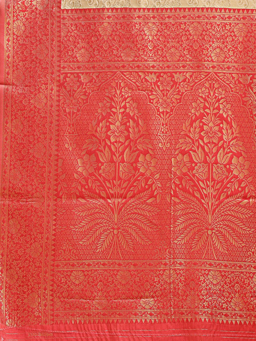 Cream and Red Banarasi Silk Saree with Woven Zari and Tassels