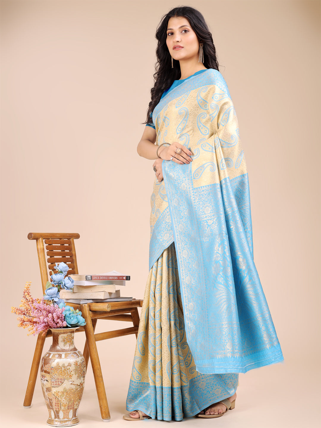 Cream & Sky Blue Banarasi Silk Saree with Zari Work & Tassels