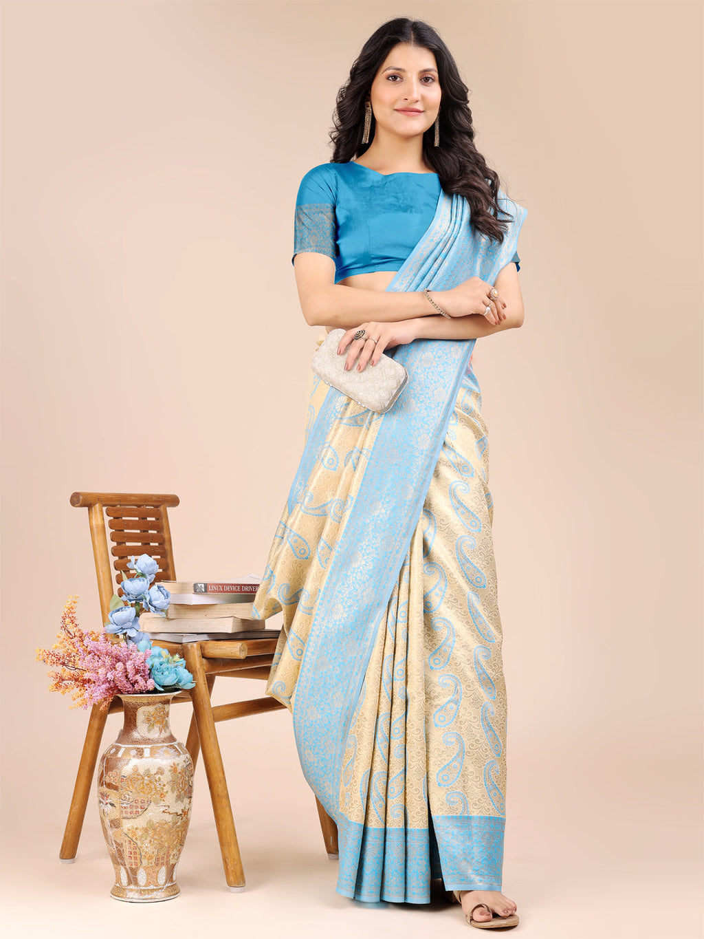 Cream & Sky Blue Banarasi Silk Saree with Zari Work & Tassels