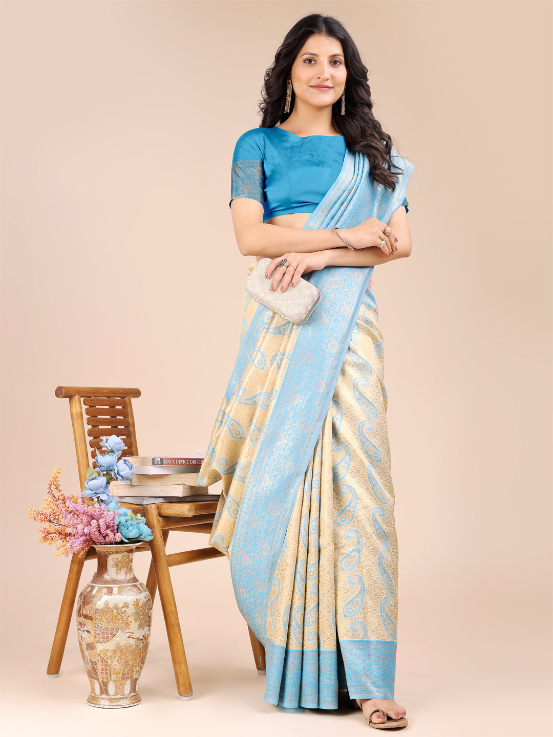 Cream & Sky Blue Banarasi Silk Saree with Zari Work & Tassels