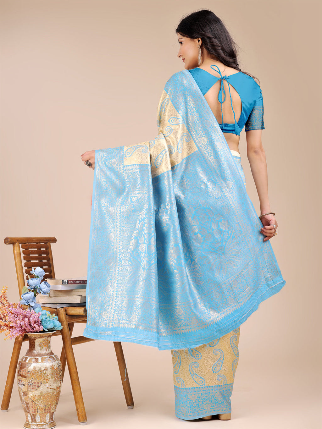 Cream & Sky Blue Banarasi Silk Saree with Zari Work & Tassels