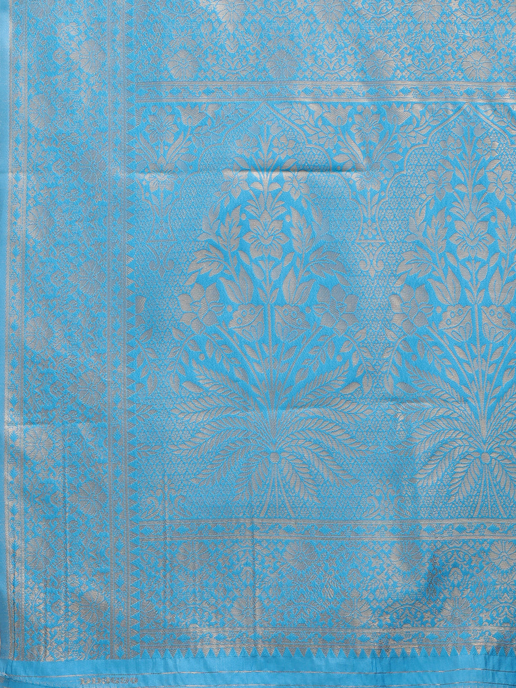Cream & Sky Blue Banarasi Silk Saree with Zari Work & Tassels