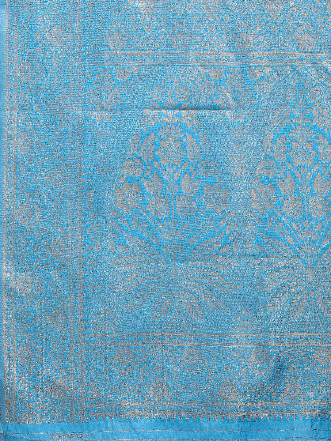 Cream & Sky Blue Banarasi Silk Saree with Zari Work & Tassels