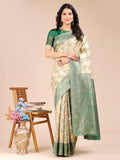 Cream and green Banarasi silk saree with intricate woven zari border and traditional tassels