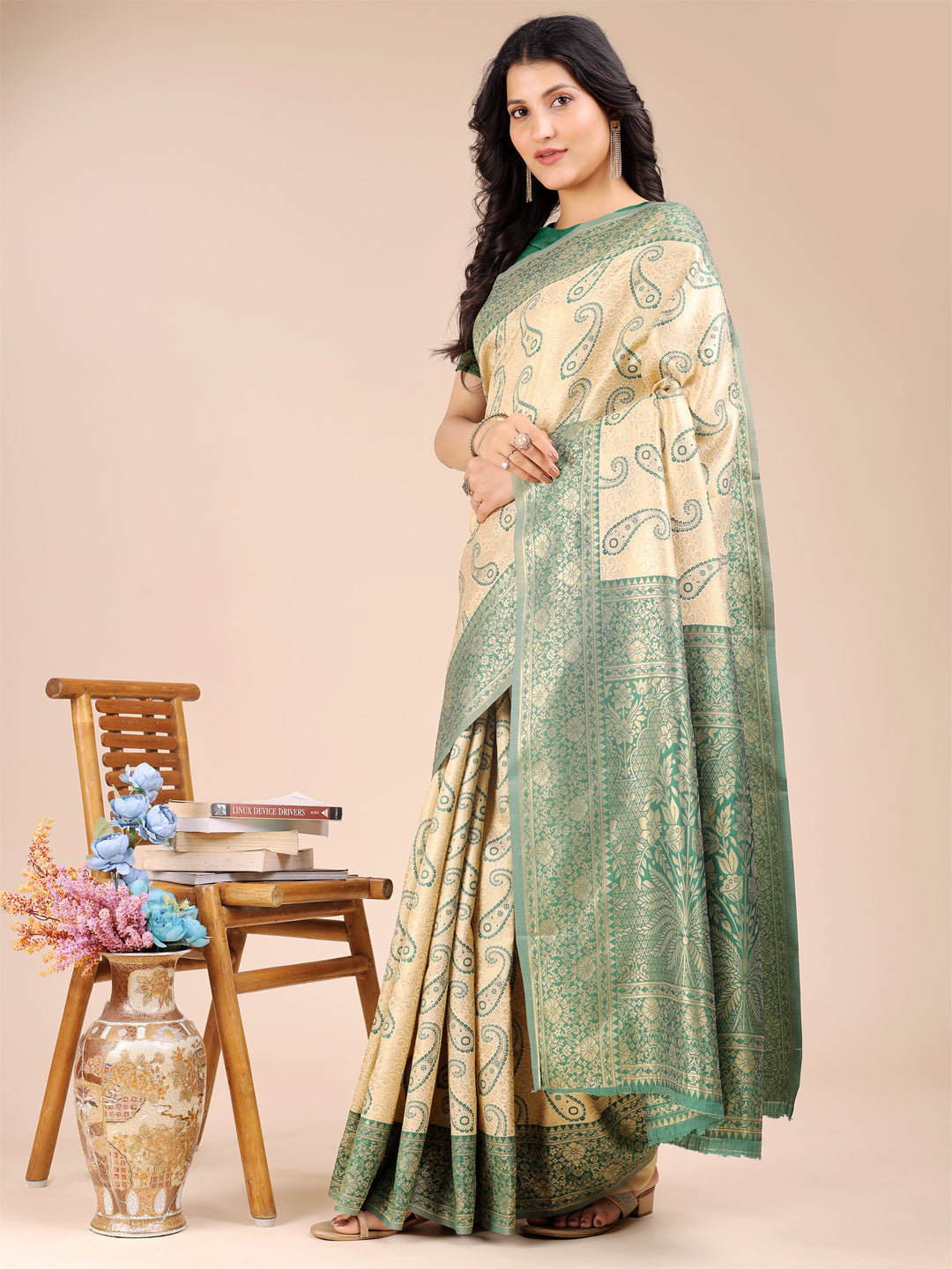 Cream and Green Banarasi Silk Saree with Woven Zari Work