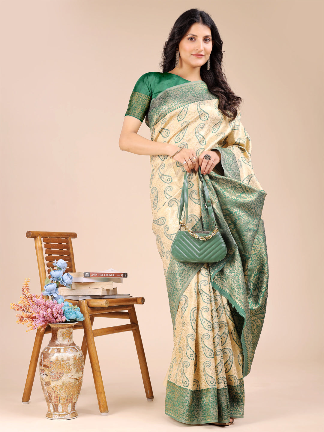 Cream and Green Banarasi Silk Saree with Woven Zari Work