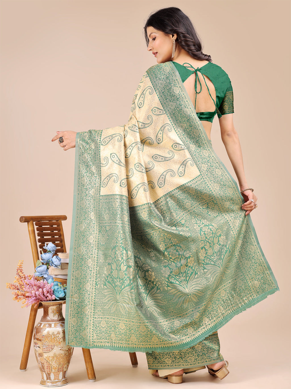 Cream and Green Banarasi Silk Saree with Woven Zari Work