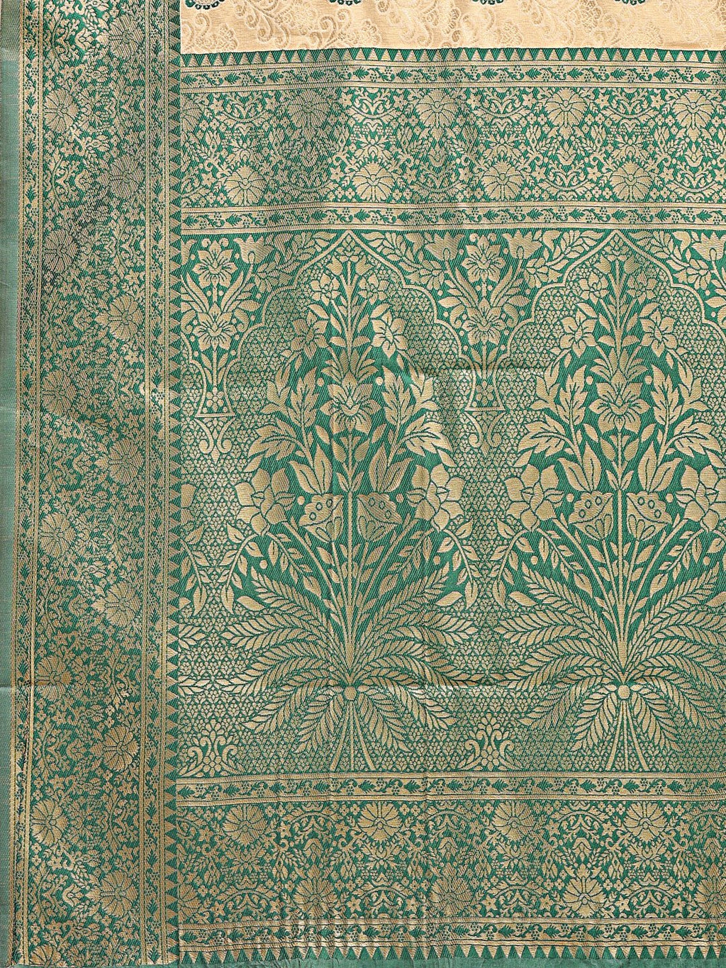 Cream and Green Banarasi Silk Saree with Woven Zari Work