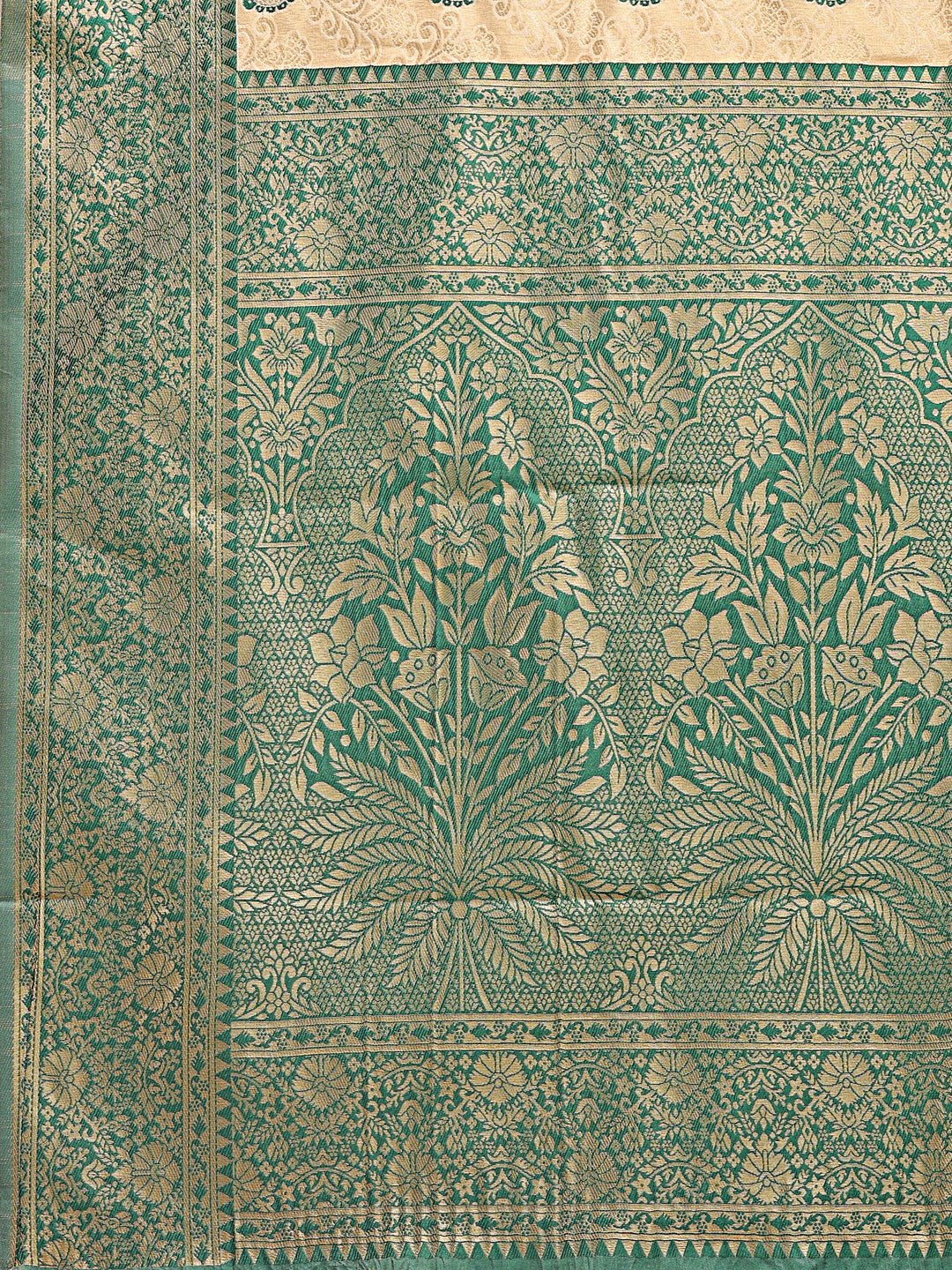 Cream and Green Banarasi Silk Saree with Woven Zari Work