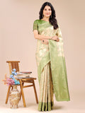 Cream and Light Green Banarasi Silk Saree featuring traditional zari work and stylish tassels.
