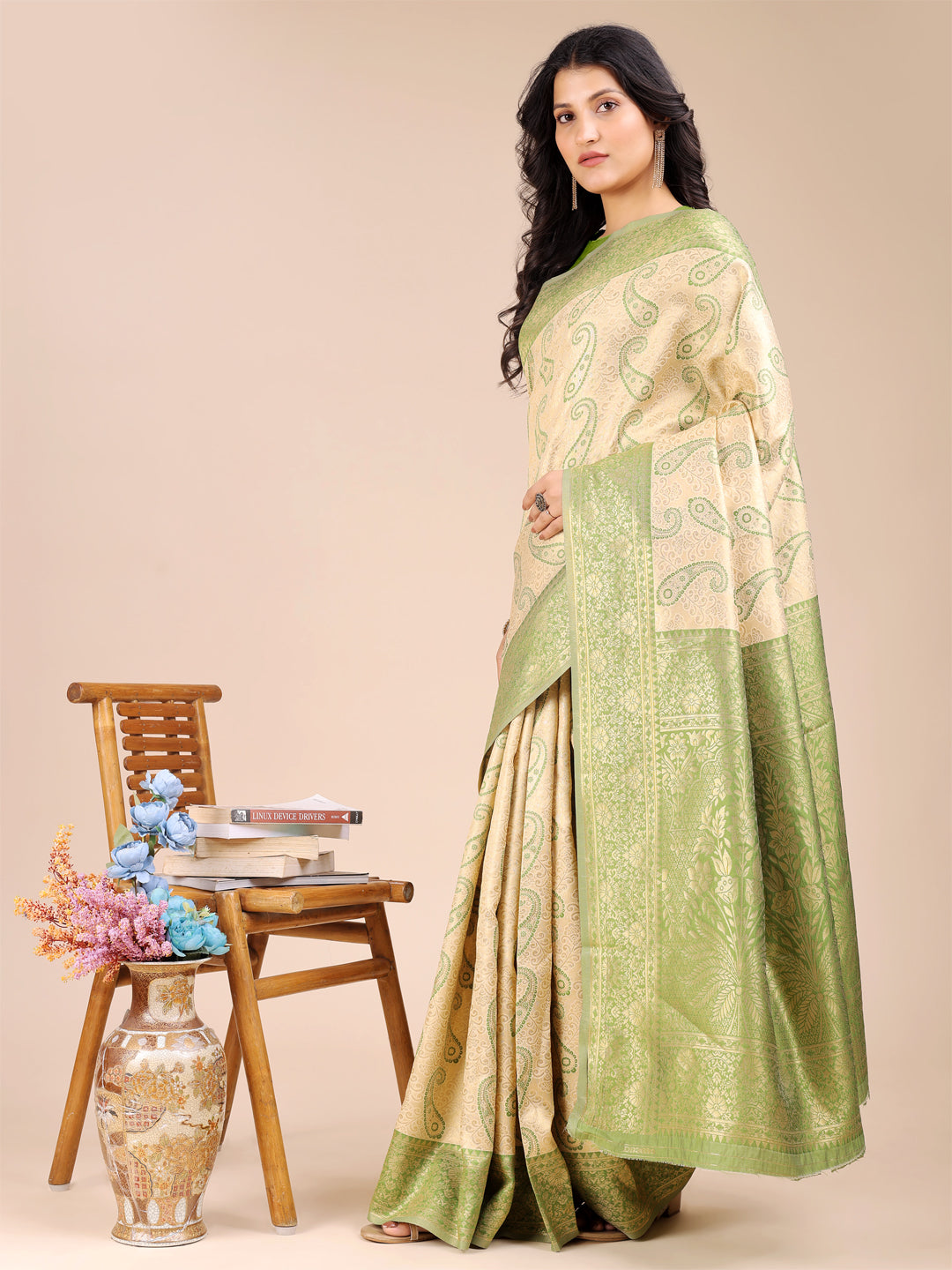 Cream & Light Green Banarasi Silk Zari Woven Tassel Saree