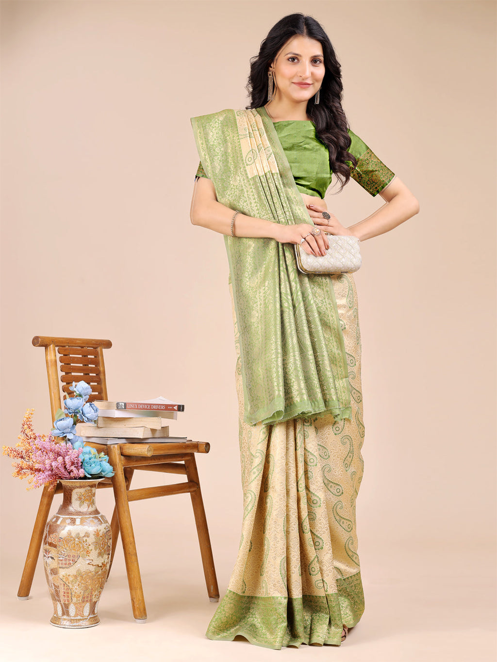 Cream & Light Green Banarasi Silk Zari Woven Tassel Saree