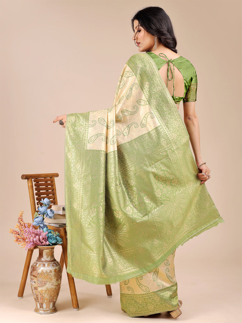Cream & Light Green Banarasi Silk Zari Woven Tassel Saree