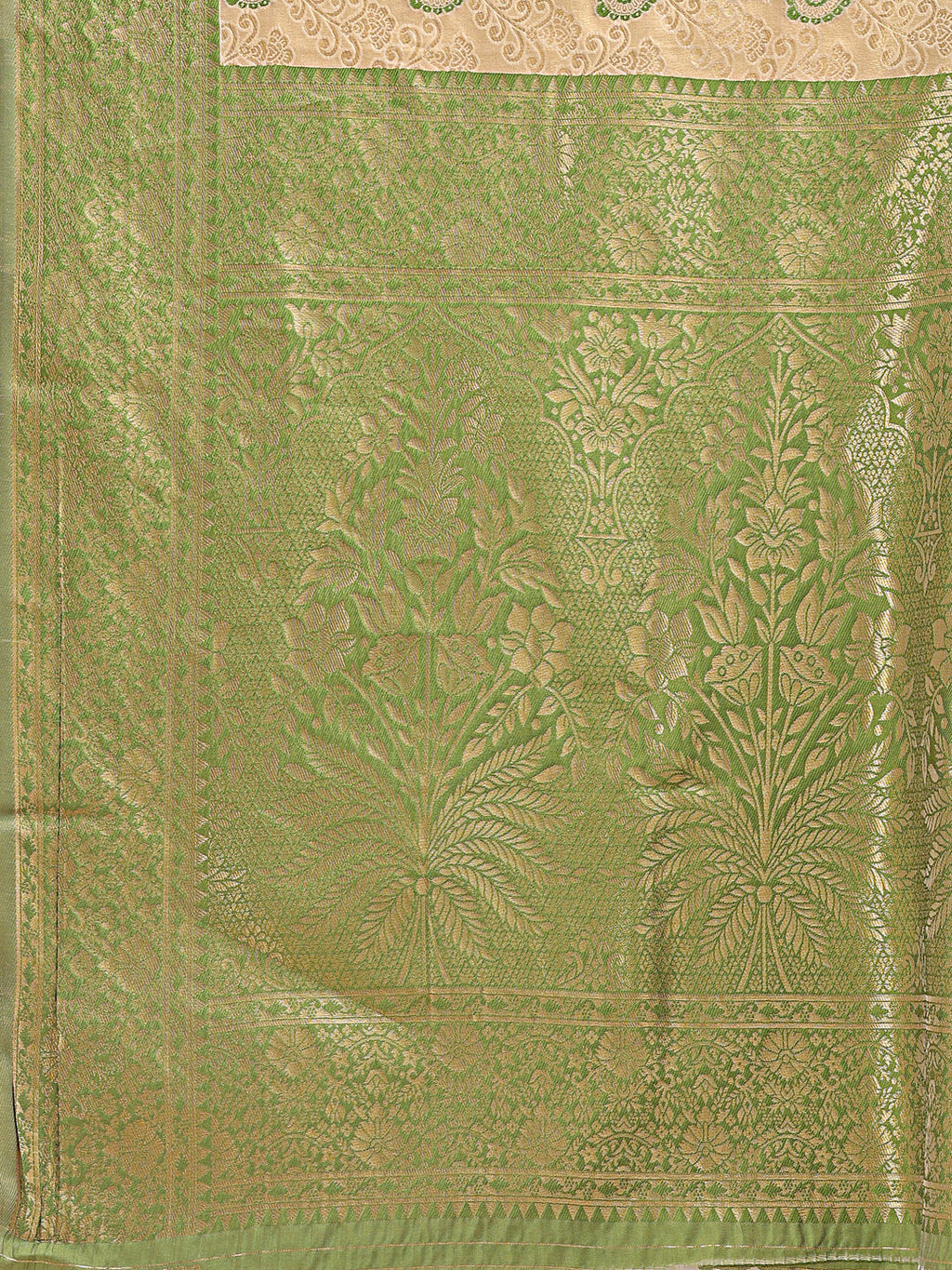 Cream & Light Green Banarasi Silk Zari Woven Tassel Saree
