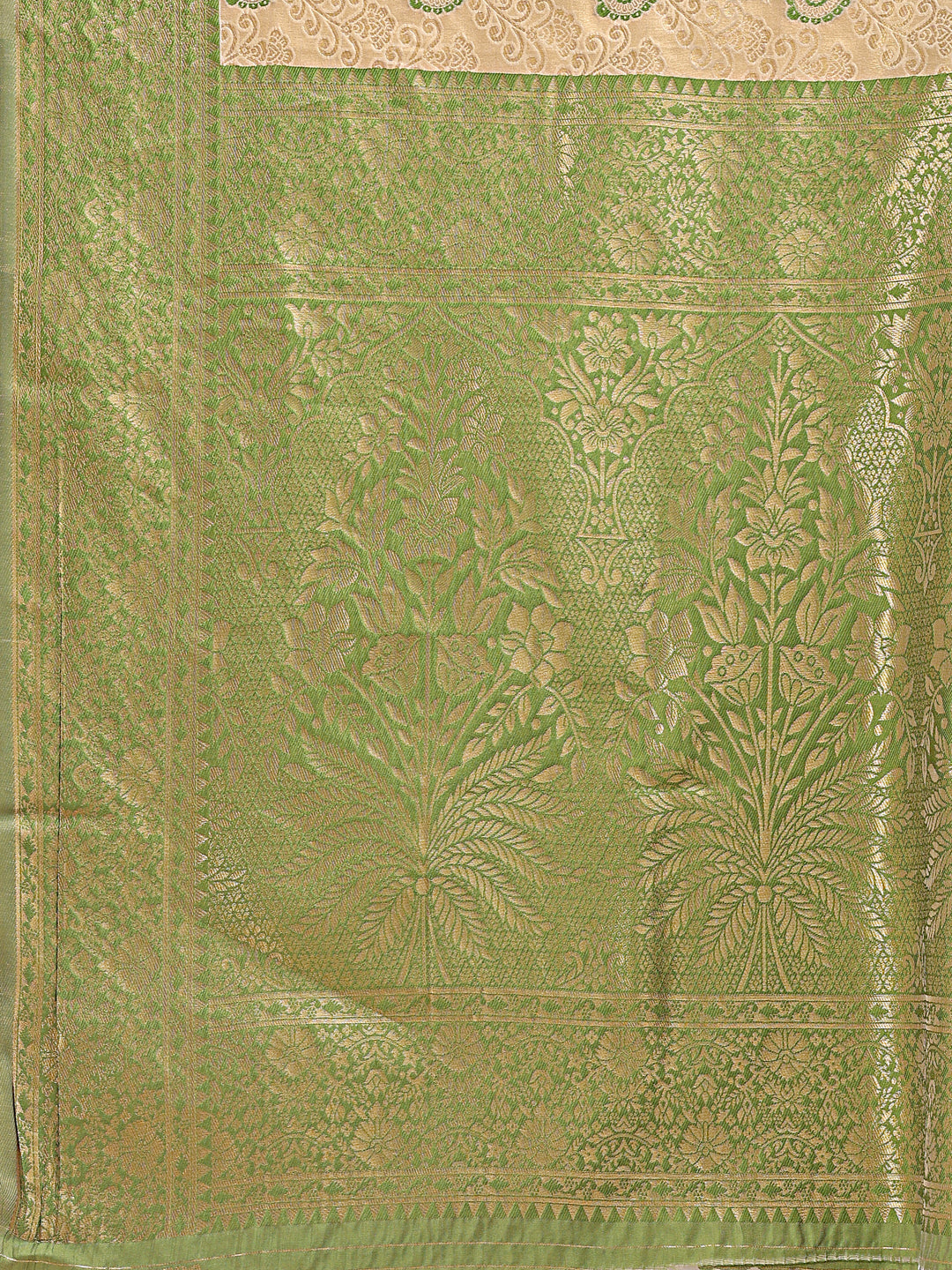 Cream & Light Green Banarasi Silk Zari Woven Tassel Saree