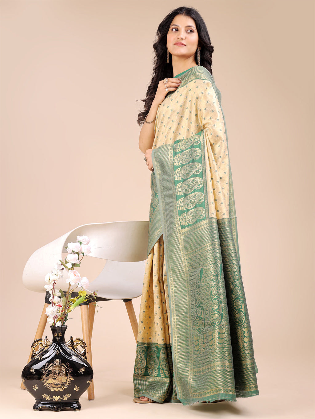 Cream & Green Banarasi Silk Saree with Traditional Zari Work